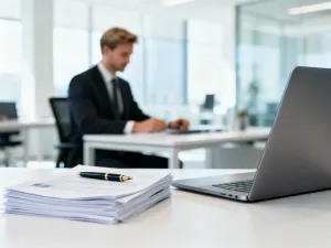 Nowoczesne biurko z laptopem wyświetlającym wykresy finansowe, kalkulatorem i piórem, symbolizujące pracę przy płacach.