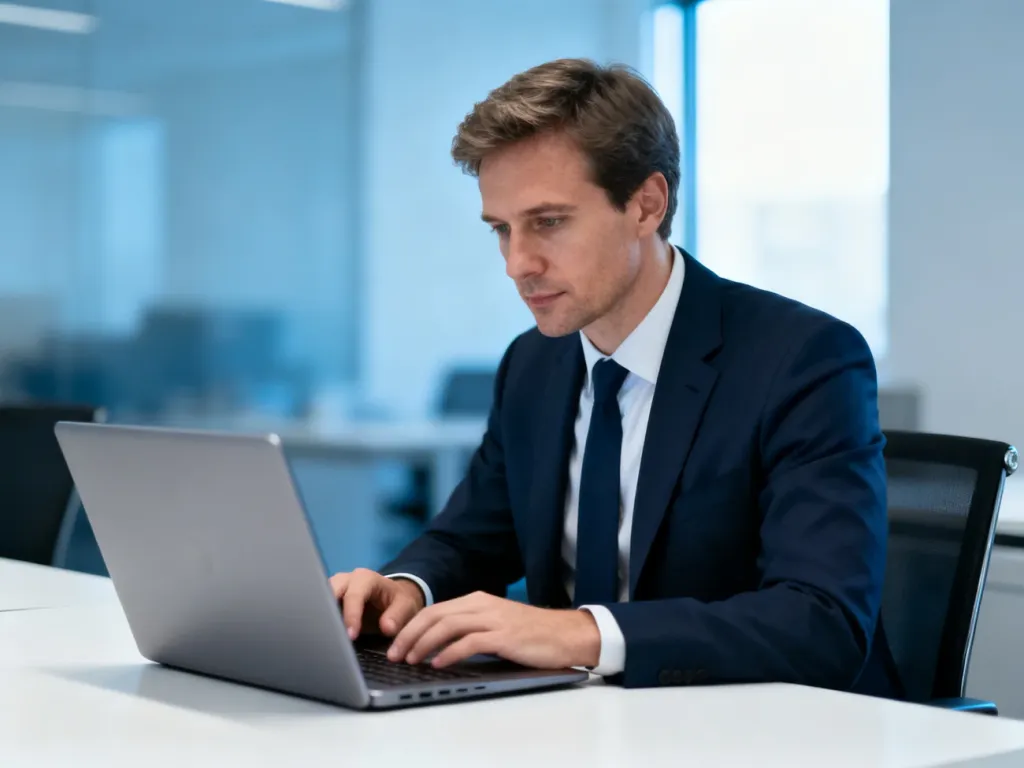 Mężczyzna pracujący przy laptopie w nowoczesnym biurze, symbolizujący bezpieczne korzystanie z bankowości internetowej.