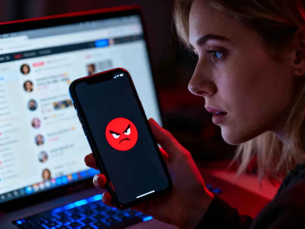 Dłoń trzymająca smartfon z czerwoną ikoną powiadomienia na tle chaotycznego feedu w mediach społecznościowych.