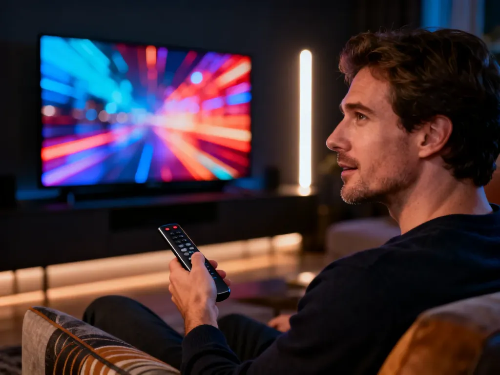 Mężczyzna siedzący na kanapie obsługuje nowoczesny telewizor TCL 4K, prezentujący obraz o wysokim kontraście i barwach.