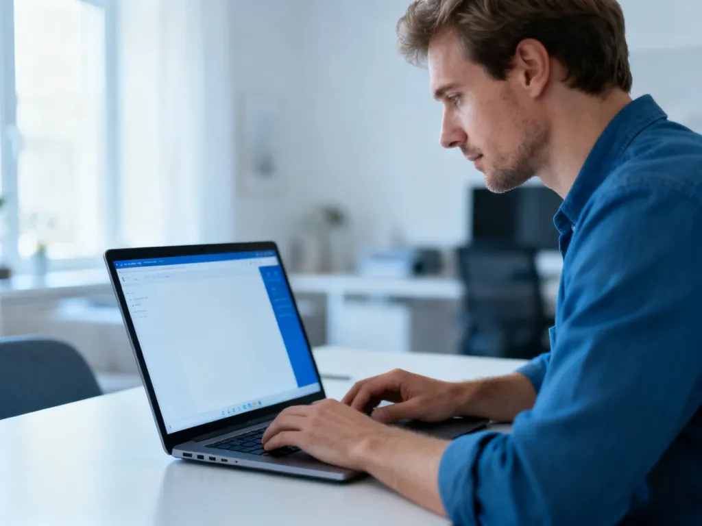 Mężczyzna korzystający z laptopa przy biurku, skupiony na obsłudze interfejsu cyfrowego w domowym biurze.