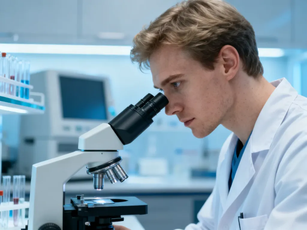 Lekarz w laboratorium analizujący próbkę pod mikroskopem w ramach diagnostyki chorób krwi.