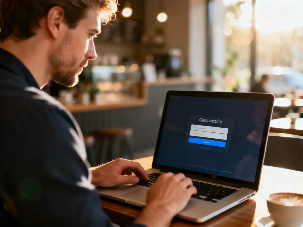 Mężczyzna korzystający z laptopa w kawiarni, logujący się do sieci za pośrednictwem portalu przechwytującego.