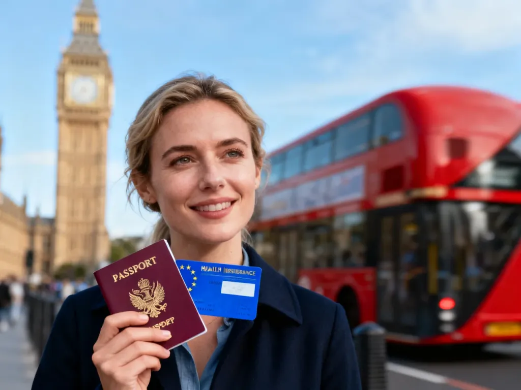 Kobieta trzymająca paszport oraz kartę EKUZ na tle londyńskich zabytków, takich jak Big Ben i czerwony autobus.