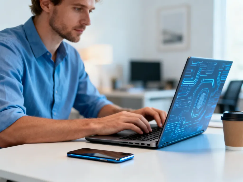 Mężczyzna przy biurku korzystający z laptopa w domowym biurze, ilustrujący bezpieczne logowanie do bankowości internetowej.