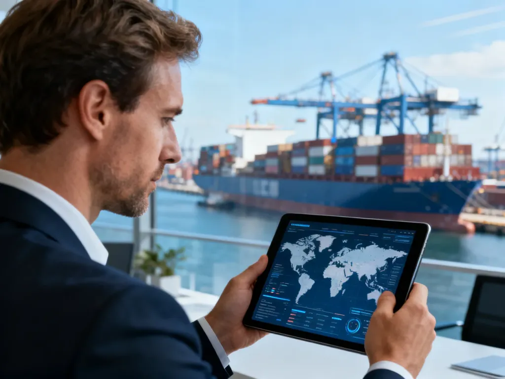 Profesjonalista analizuje dane logistyczne na tablecie w nowoczesnym biurze z widokiem na port przeładunkowy.